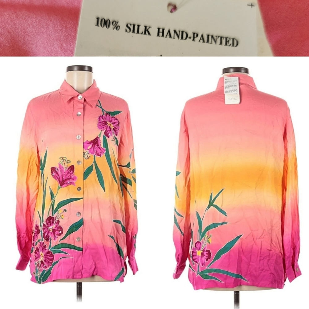 NWT Hand PAINTED 100% Silk ART TO WEAR Ombre SHIRT Women M Beaded Sequined